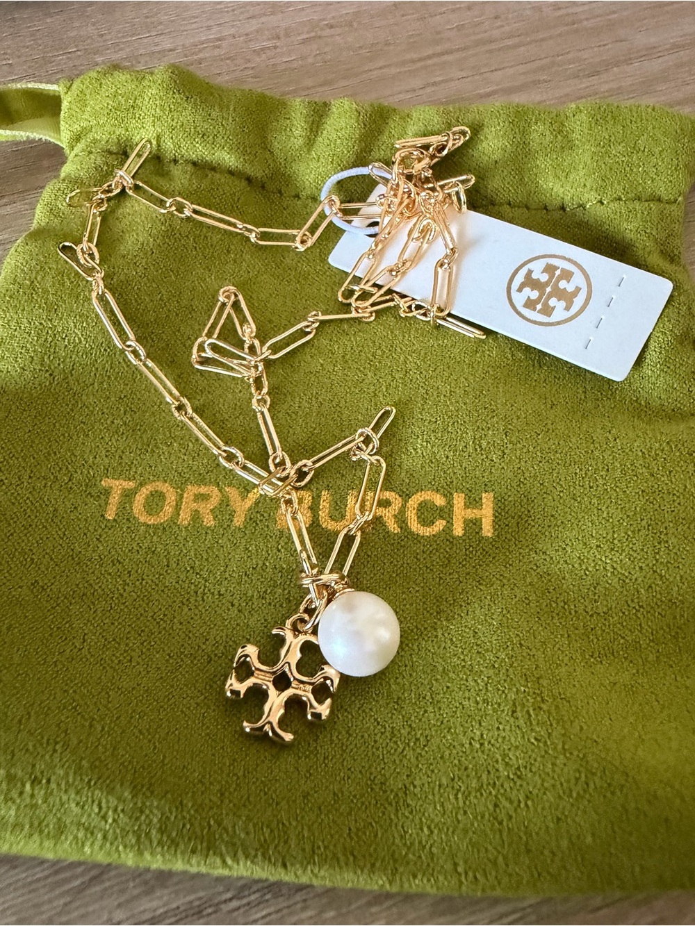 Tory Burch Gold-Tone Paperclip Chain Logo Faux Pearl Charm Necklace New